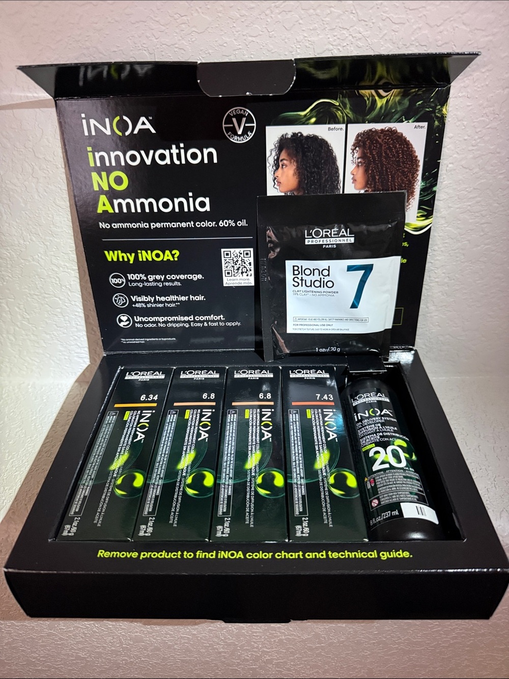 INOA COLOR full coverage 6.34 - 6.8 - 7.43 - 6.8 - 8oz 20 developer + lightener7